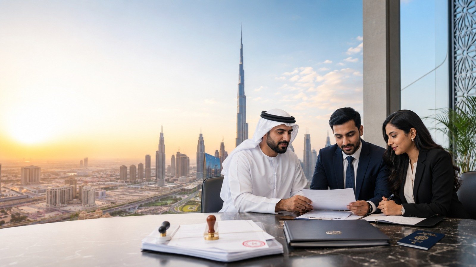 MRP Business Services team in Dubai office reviewing client files and documents