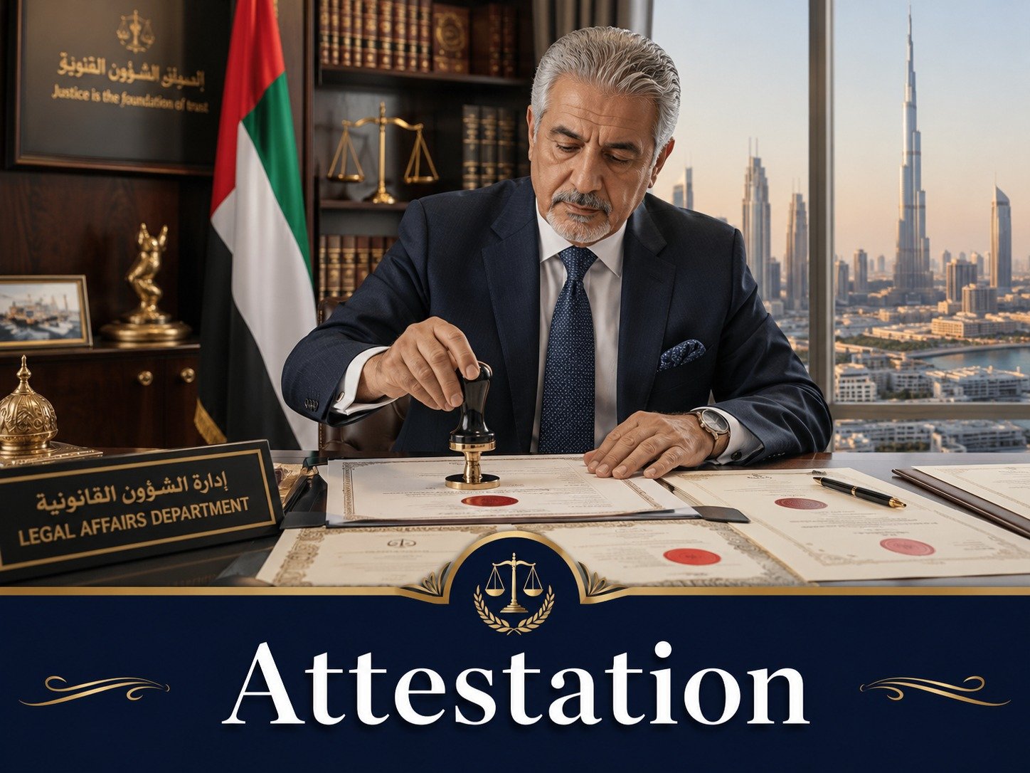 Official document stamps and ministry building representing attestation services in Dubai