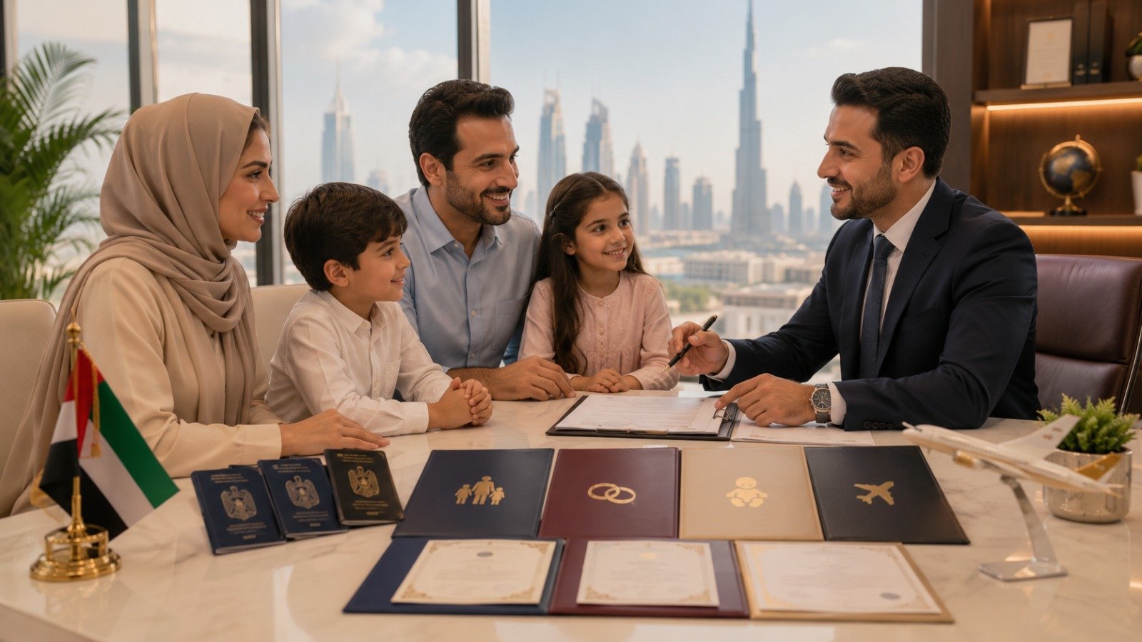 Family at airport with travel documents, representing Kids Travel NOC services in Dubai