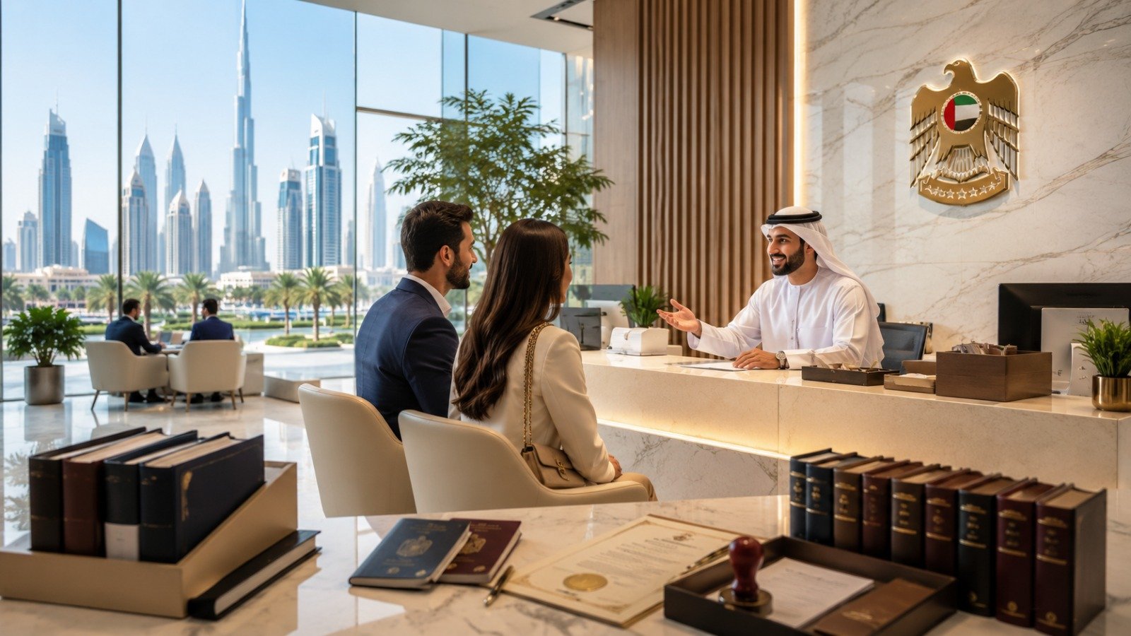 MRP Business Services consultant working with a client to review business setup documents and service options in Dubai